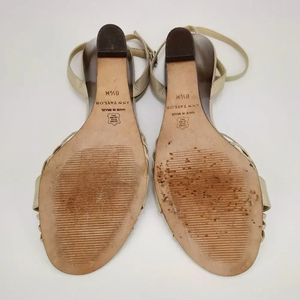 Ann Taylor Beige Leather Ankle Wrap Wedges